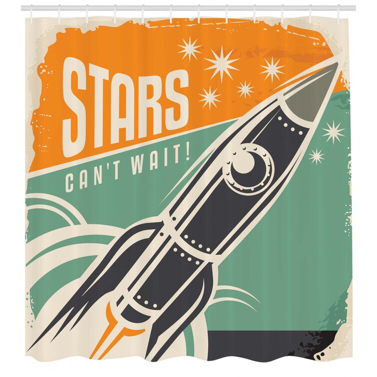 Stars Can't Wait Retro Advertisement with Rocket Figure Launch Your  Business Image Shower Curtain Set